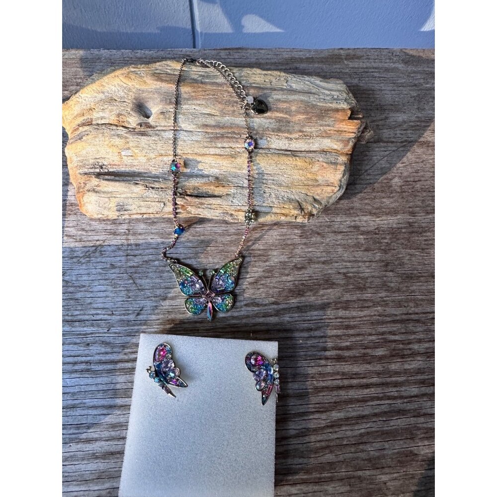 Betsey Johnson Butterfly Necklace Earrings Set AB Rhinestone Crystal Multicolor